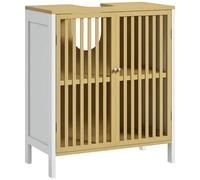 HOMCOM Under Sink Bathroom Cabinet, Bamboo Sink Storage Cabinet, Bathroom Vanity Unit with 2 Slat Doors, Adjustable Shelf and U-Shape Slot for Pipe Fit, Natural and White