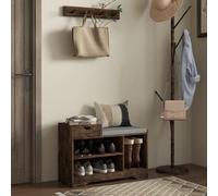 HOMCOM Shoe Storage Bench with Seating Cushion, Drawer, Rustic Brown | Shoe Rack Bench, 3 Open Compartments, Table Top, for Entryway, Hallway