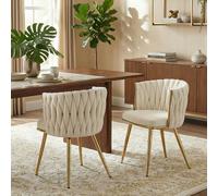 HOMCOM Upholstered Kitchen Chairs Set of 2 with Woven Backrest - Cream - 2 - Modern
