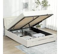 HOMCOM Upholstered Ottoman Bed with Storage Drawer and Adjustable Headboard, 4ft6 Double Size Bed Frame with Gas Lift End Opening, Wooden Slats, No Mattress, Cream White