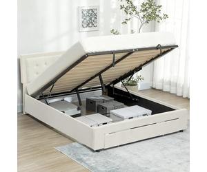 HOMCOM Upholstered Ottoman Bed with Storage Drawer and Adjustable Headboard, 4ft6 Double Size Bed Frame with Gas Lift End Opening, Wooden Slats, No Mattress, Cream White