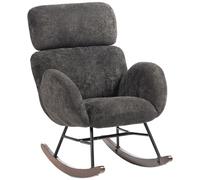 HOMCOM Upholstered Rocking Chair Adjustable Headrest Rocker Chair Raindrop Velvet Rubberwood Base Dark Grey