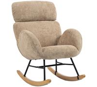 HOMCOM Upholstered Rocking Chair Adjustable Headrest Rocker Chair Raindrop Velvet Rubberwood Base Light Brown