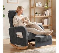 HOMCOM Upholstered Rocking Chair with Retractable Footrest Grey - Rocking chair - 66W x 100D x 100H cm - Linen-look fabric, rubberwood, plywood, high density foam, S-springs