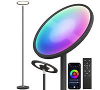 HOMCOM Uplighter RGB Floor Lamp with Tuya App, Music Sync and USB Port, Modern Dimmable Standing Lamp with Adjustable Head and Steel Base for Living Room Bedroom Gaming, Black