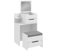 Homcom Vanity Desk Hidden Mirror Rolling Stool, White Wood Effect White