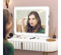 HOMCOM Vanity Mirror with Lights, Large Lighted Makeup Mirror with 3 Colour Lighting Modes, 10X Magnifying, USB Charging Port, Touch Screen, Tabletop or Wall Mounted Design for Bedroom, White