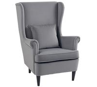 HOMCOM Velvet Armchair, Upholstered Wingback Armchair with High Backrest and Pillow, Fabric Reading Chair with Solid Wood Legs, Dark Grey Aosom UK