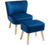 HOMCOM Velvet-Feel Accent Chair w/ Ottoman Tub Seat Padding Wood Legs Dark Blue | TJ Hughes