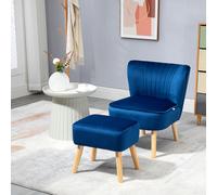 HOMCOM Velvet-Feel Accent Chair w/ Ottoman Tub Seat Padding Wood Legs Dark Blue