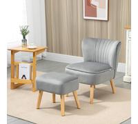 HOMCOM Velvet Accent Chair Occasional Tub Seat Padding Curved Back With Ottoman Wood Frame Legs Home Furniture Light Grey, Grey