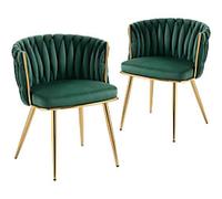 HOMCOM Velvet-Feel Dining Chairs Set of 2, Modern Upholstered Armchair with Knot Design and Golden Metal Legs, Accent Chair for Dining Room, Bedroom, Kitchen, Living Room, Dark Green