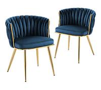 HOMCOM Velvet-Feel Dining Chairs Set of 2, Modern Upholstered Armchair with Knot Design and Golden Metal Legs, Accent Chair for Dining Room, Bedroom, Kitchen, Living Room, Dark Blue