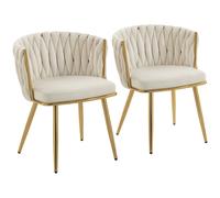 HOMCOM Velvet-Feel Dining Chairs Set of 2, Modern Upholstered Kitchen Chairs with Woven Backrest and Armrests, Metal Legs and Padded Seat for Dining Room, Bedroom, Living Room, Cream