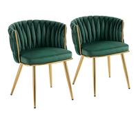 HOMCOM Velvet-Feel Dining Chairs Set of 2, Modern Upholstered Kitchen Chairs with Woven Backrest and Armrests, Metal Legs and Padded Seat for Dining Room, Bedroom, Living Room, Dark Green