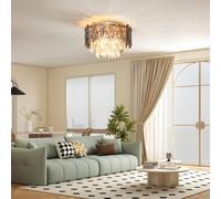 HOMCOM Chandelier Ceiling Light, 3-Light Vintage Flush Mount Fixture with Dual Crystal and Smoke Glass Shade, LED Ceiling Light for Living Room Bedroom, 3 E27 Sockets, Bulbs Not Included, Gold Tone