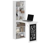 HOMCOM Wall Mounted Computer Desk, Folding Study Table with Black Board and Bookshelf, Multifunctional Floating Writing Desk for Home Office, White