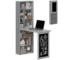 HOMCOM Wall Mounted Computer Desk, Space Saving Folding Study Table with Black Board, Bookshelf, Floating Writing Desk with Adjustable Shelf, 9 Open Compartments for Small Space, Grey