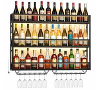 HOMCOM Wall-Mounted Wine Rack with Glass Holders, Black | Industrial Wine Bottle Rack with LED Lights & Open Shelf, Metal Mesh Storage for Home Bar, Kitchen, Living Room