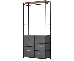 HOMCOM Wardrobe Dresser: Steel-Framed Storage with 5 Drawers, Coat Rack for Bedroom & Hallway, Black/Brown Aosom UK