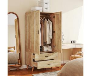 Homcom Wardrobe With 2 Drawers Hanging Rail, 180 Cm Storage Closet, Natural
