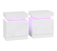 HOMCOM White Bedside Table with LED Light, High Gloss Front Nightstand with 2 Drawers, for Living Room, Bedroom, Set of 2