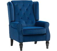 HOMCOM Wingback Accent Chair, Velvet Armchair with Thick Spring Cushion, High Back, Solid Wood Legs, Retro Button Tufted Reading Chair for Living Room, Bedroom, Blue