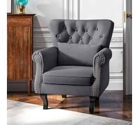 HOMCOM Wingback Armchair, Linen Fabric Accent Chair, Upholstered Fireside Chair with Pillow, Button Tufted Back for Living Room, Bedroom, Home Office, Dark Grey Dark Grey