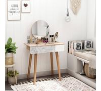 HOMCOM Wooden Compact Dressing Table Drawer Mirror 4 Legs Table Top Bedroom in Light Brown HOMCOM Light Brown
