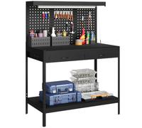 HOMCOM Workbench with Pegboard Heavy-Duty 272 kg 110 x 60 x 150 cm Black | Work Bench, 2 Drawers, Adjustable Shelf, Workstation for Garage Workshop Warehouse