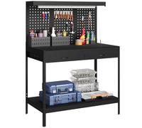 HOMCOM Workbench with Pegboard, Heavy-Duty Work Bench with 2 Drawers and Adjustable Shelf, Workstation for Garage Workshop Warehouse, 272 kg Load Capacity, 110 x 60 x 150 cm, Black