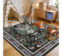 Homcomodar Area Rugs for Living Room 120x170cm Vintage Washable Rug Boho Kids Rug Non-Slip Black Rug for Bedroom Soft Low Pile Floral Carpet for Nursery Dining Room Farmhouse Home Office