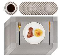 Homcomodar Placemats and Coasters Set of 8 Heat Resistant Table Place Mat Plastic Woven Dining Table Mats Washable Placemat for Kitchen Dinner(Grey)