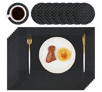 Homcomodar Table Place Mats with Coasters Set of 8 Plastic Woven Placemats Heat Resistant Washable Table Mats for Dining Table(Black)