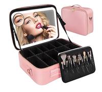 HomdMarket Large Travel Makeup Bag with LED Mirror, Portable Cosmetics Organizer with Adjustable Dividers and 10x Magnifying Mirror, Waterproof Makeup Train Case with LED Mirror-3 Light Colour Mode