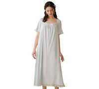 HOMDREAM Ladies Nightdresses Victorian Nightdress Short Sleeved Cotton Lace Sweet Long Home Service Loose,Blue-L