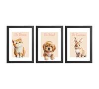 Home Animals Watercolour Nursery Prints For Baby Girl Or Boy - Set of 3 - Kitten, Puppy & Rabbit - Nursery Decor Wall Art Gift Present - Be Brave, Be Kind, Be Curious - A5, A4, A3 with Frame Options
