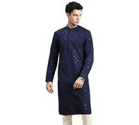 HOME ARCHIVE Men's Ethnic Cotton Embroidery Chikankari Sequence Kurta Pajamas Set for Indian Wedding Festivals Occasion, Royal Blue, XL