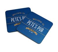 Home Bar Accessory Gift Set - Personalised Pub Design - Custom Name with Bar Mat, Bottle Opener and pack of 4 Coaster Option - Home Bar in a Box (2 Coasters)