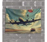 Home Bar Decor A Parachute Jumper is Being Pulled by an Airplane While A Car Drives Below Tapestry Earthy Room Decor Men Cave Decor(75X100CM)