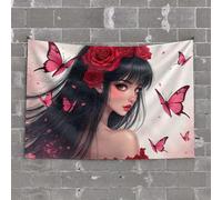 Home Bar Decor A Woman Adorned with Red Roses, Surrounded by Pink Butterflies Tapestry Earthy Room Decor Men Cave Decor(75X100CM)