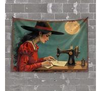 Home Bar Decor A Woman in A Red Dress Sews Under A Full Moon Tapestry Earthy Room Decor Men Cave Decor(100X150CM)