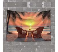 Home Bar Decor Two Chairs On The Beach with Drinks, Palm Trees, and A Sunset Tapestry Earthy Room Decor Men Cave Decor(100X150CM)