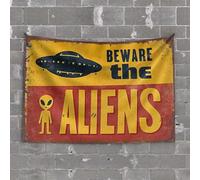 Home Bar Decor Vintage UFO Warning: Beware The Aliens! Tapestry Funny Tapestries Wall Tapestry for Bedroom(100X150CM)