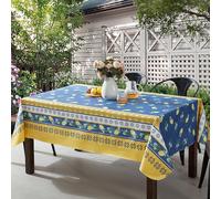 Home Bargains Plus Rectangle Vinyl Tablecloth with Flannel Backing, 52 x 70 Inch, French Country Lemon Grove, Yellow and Blue Lemons Vinyl Table Cloth, Heavy 4 Gauge