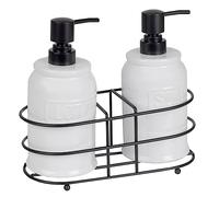 Home Basics 3 Piece Embossed Glazed Ceramic Dispenser with Dual Compartment Metal Rack for Liquid Soap, Lotion, Shampoo, Essential Oils, Steel, White