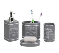 Home Basics Paris Collection 4 Piece Bathroom Accessories Set, Bath Set Features Soap Dispenser, Toothbrush Holder, Tumbler, Soap Dish With Stylish Accent Decor To Complement Any Bathroom Gray/Slate