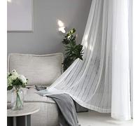 Home Brilliant White Net Curtains Striped Window Voile Panels for Net Pole Tab Top Boho Style Window Curtains, Set of 2, 45 inch Drop