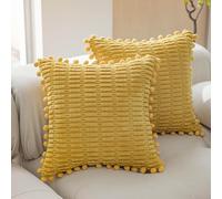 Home Brilliant Yellow Cushion Covers with Pom Poms Ochre, Boho Corduroy 60 x 60 cushion covers for Bedroom Living Room Summer, Set of 2, Yellow, 60cm x 60cm