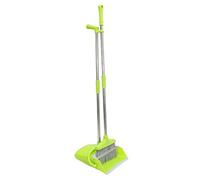 Home Broom and Dustpan Kit Stainless Steel Green Floor Cleaning Tool | Long Handled Set, Plastic Pan, Compact Storage, Standup Design for Lobby and Warehouse Use